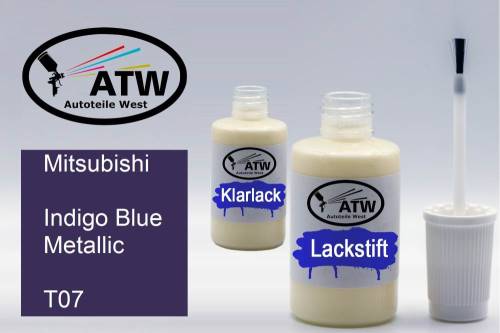 Mitsubishi, Indigo Blue Metallic, T07: 20ml Lackstift + 20ml Klarlack - Set, von ATW Autoteile West.